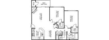 A black and white image of a house floor plan with a deck and a dining room.