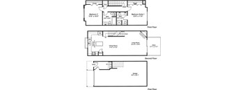 A floor plan of a house with three bedrooms, a living room, dining room, and a garage.