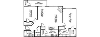 A floor plan of a house with a deck and two bathrooms.