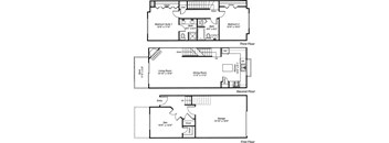 A floor plan of a house with three bedrooms and a garage.