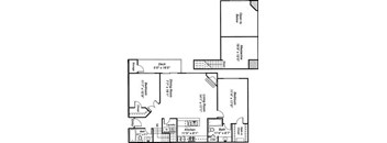 A floor plan of a house with a deck, two bedrooms, a dining room, a living room, a kitchen, a laundry room, and a bathroom.