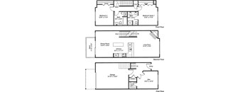 A floor plan of a three-story residential building with labeled rooms and dimensions.