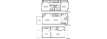 A floor plan of a house with three bedrooms, a living room, a dining room, a deck, a den, a garage, and an entry.