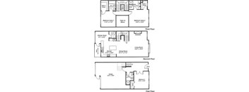 A floor plan of a three-story residential building with two bedrooms on the first floor, a kitchen nook on the second floor, and a dining room on the second floor.