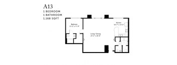 A black and white image of a floor plan for apartment A13 with one bedroom and one bathroom.