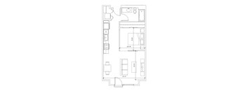 A floor plan of a small apartment with a kitchen, living room, and bathroom.
