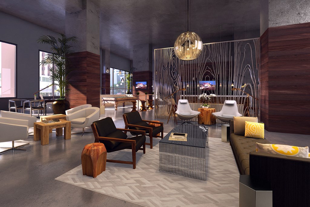 a rendering of the lobby at the moxy nyc times square