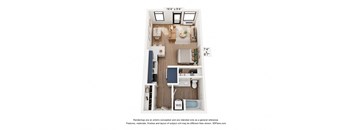 A 3D floor plan of a small apartment with a kitchen, living room, and bathroom.
