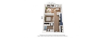 A 3D floor plan of a small apartment with a kitchen, living room, and bathroom.