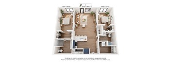 a 3d rendering of a 1 bedroom apartment with wood floor