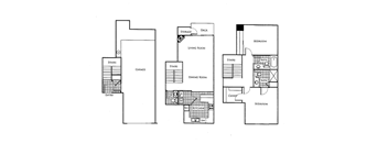 Three floor plans for a house with a garage, living room, and dining room.