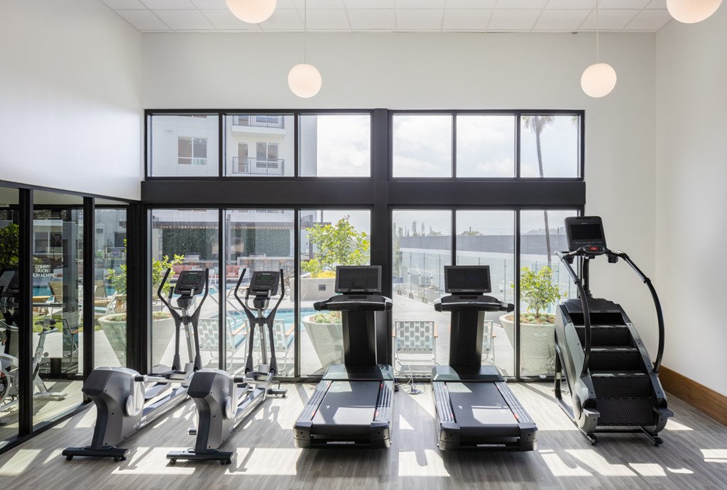 a gym with cardio equipment and windows with a view of the water