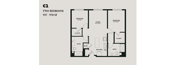 A floor plan of a two bedroom apartment with dimensions.