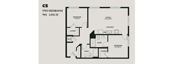 A floor plan of a two bedroom apartment sized 984 - 1,041 square feet.