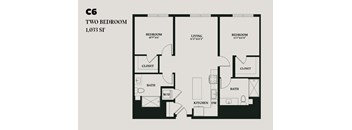 A black and white image of a two bedroom apartment floor plan.