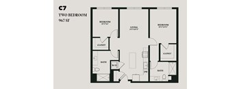 A black and white image of a two bedroom apartment floor plan.