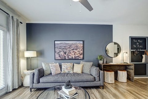 a living room with a gray couch and a blue accent wall