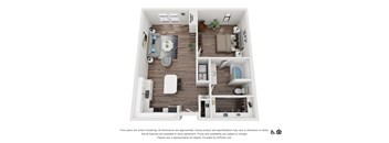 A 3D floor plan of a small apartment with a kitchen, living room, and bathroom.