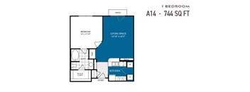 A blueprint of a one bedroom apartment with a living space, kitchen, bathroom, and walk-in closet.