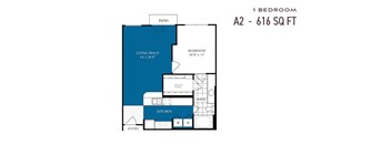A floor plan for a 1 bedroom apartment sized at 616 square feet.