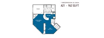 A floor plan of a 1 bedroom and den apartment with a kitchen and living space.