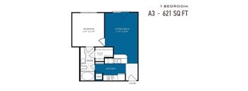 A blueprint of a one bedroom apartment sized 621 square feet.