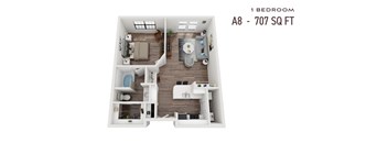 A 707 square foot floor plan for a one bedroom apartment.
