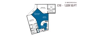 A blueprint of a 2 bedroom apartment sized 1,028 square feet.