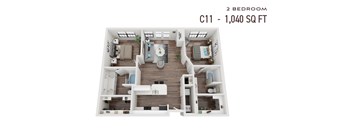 A 2 bedroom apartment with a total area of 1,040 square feet.