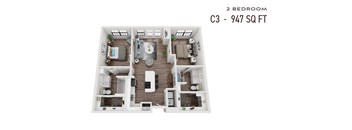 A 2 bedroom apartment with a total area of 947 square feet is displayed.