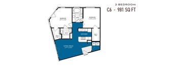 A blueprint of a 2 bedroom apartment sized at 981 square feet.