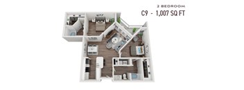 A 2 bedroom apartment with a living room, kitchen, and bathroom is 1,007 square feet.