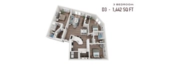 A 3 bedroom apartment is 1,442 square feet.