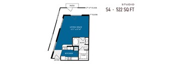 A blueprint of a studio apartment with a living space, kitchen, bathroom, and walk-in closet.