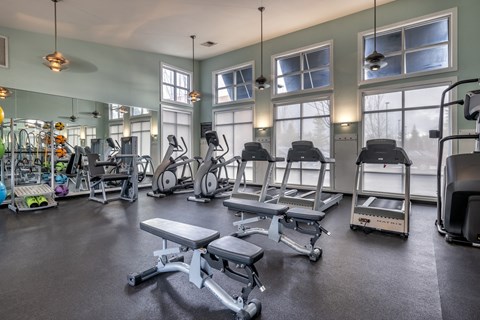 A gym with a variety of equipment including treadmills, weights, and exercise machines.