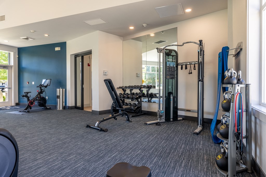 a fitness room with cardio equipment and weights