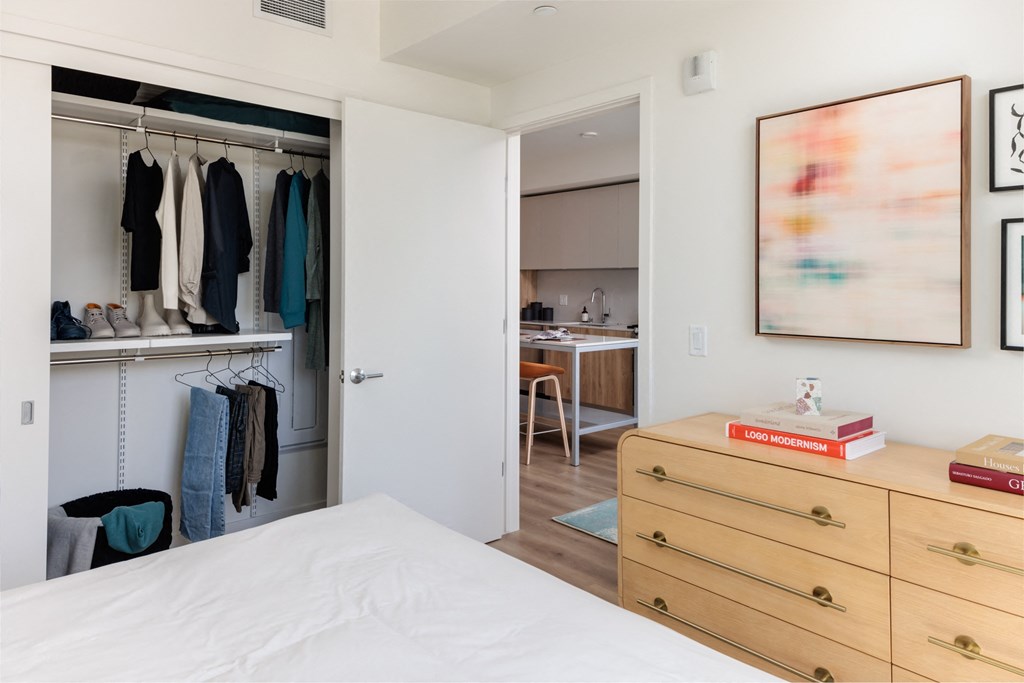 a bedroom with a closet and a bed and a dresser