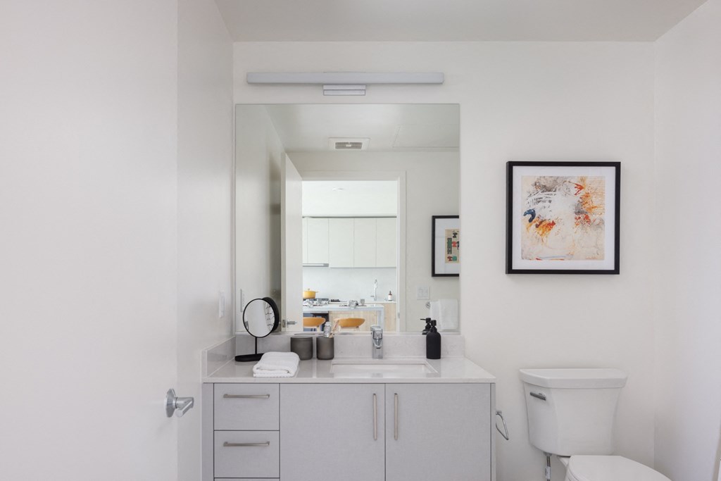 a bathroom with a sink and a toilet and a mirror