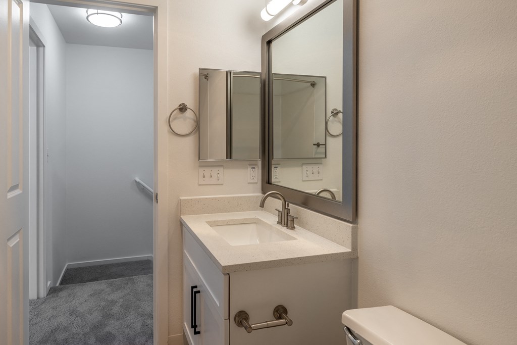 a bathroom with a sink and a mirror