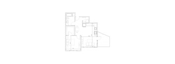 A floor plan of a house with a kitchen, living room, and bathroom.