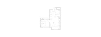 A floor plan of a house with a kitchen, living room, and two bedrooms.