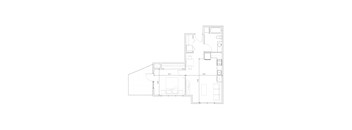 A floor plan of a house with a kitchen, living room, and bathroom.