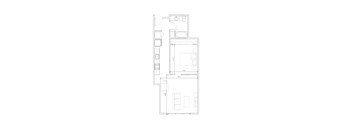 A floor plan of a small apartment with a kitchen, living room, and bathroom.