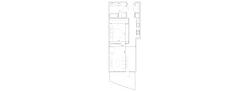 A drawing of a floor plan for a kitchen and living room.