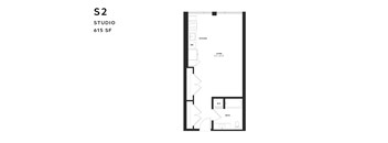 A floor plan of a studio apartment with a kitchen, living room, and bathroom.