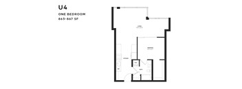 A black and white image of a one bedroom apartment layout.
