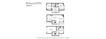 A floor plan for a 3 bedroom Redwood D2TH apartment.