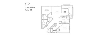A floor plan of a 2 bedroom apartment sized 1,141 square feet.