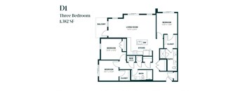 A black and white image of a three bedroom apartment floor plan.