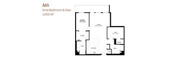 A floor plan for a one bedroom and den apartment sized at 1,255 square feet.